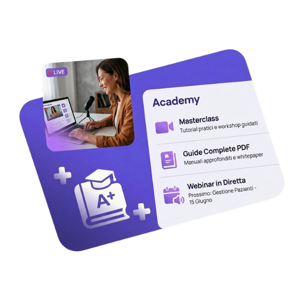 Illustrazione della piattaforma Alfadocs Academy con risorse formative per studi medici