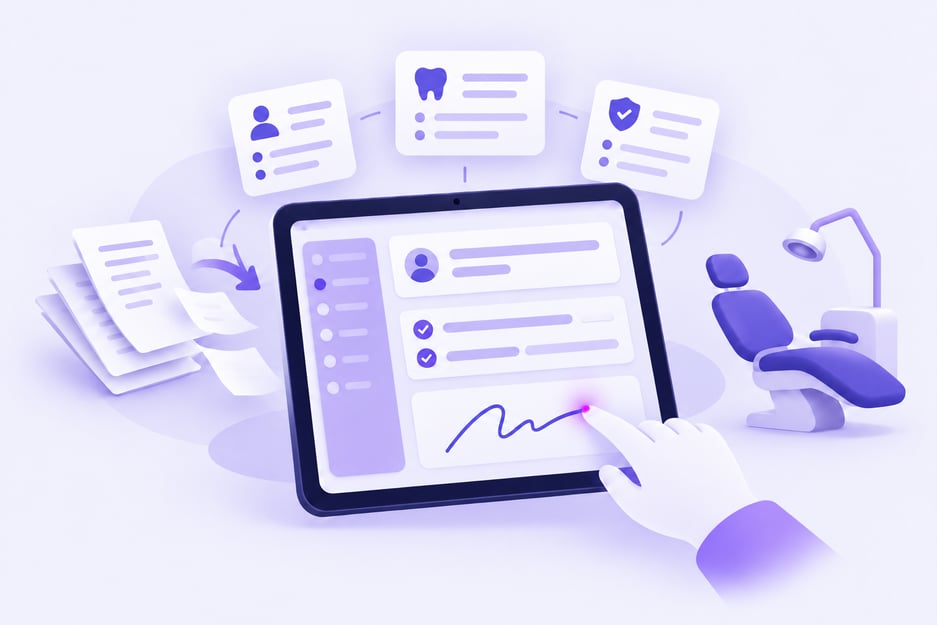 Tablet con documentazione clinica digitale e firma elettronica, affiancato da schede paziente e una poltrona odontoiatrica, a rappresentare la gestione senza carta dello studio.