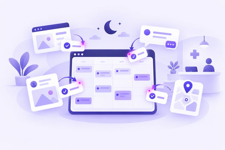 Agenda digitale che raccoglie prenotazioni da diversi canali anche fuori dall’orario di segreteria, con notifiche di conferma e reception sullo sfondo.
