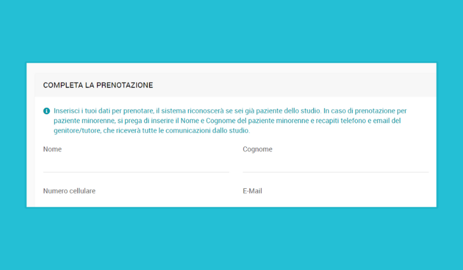Prenotazione online - Dati del paziente - Aggiunto promemoria per pazienti minorenni durante la prenotazione